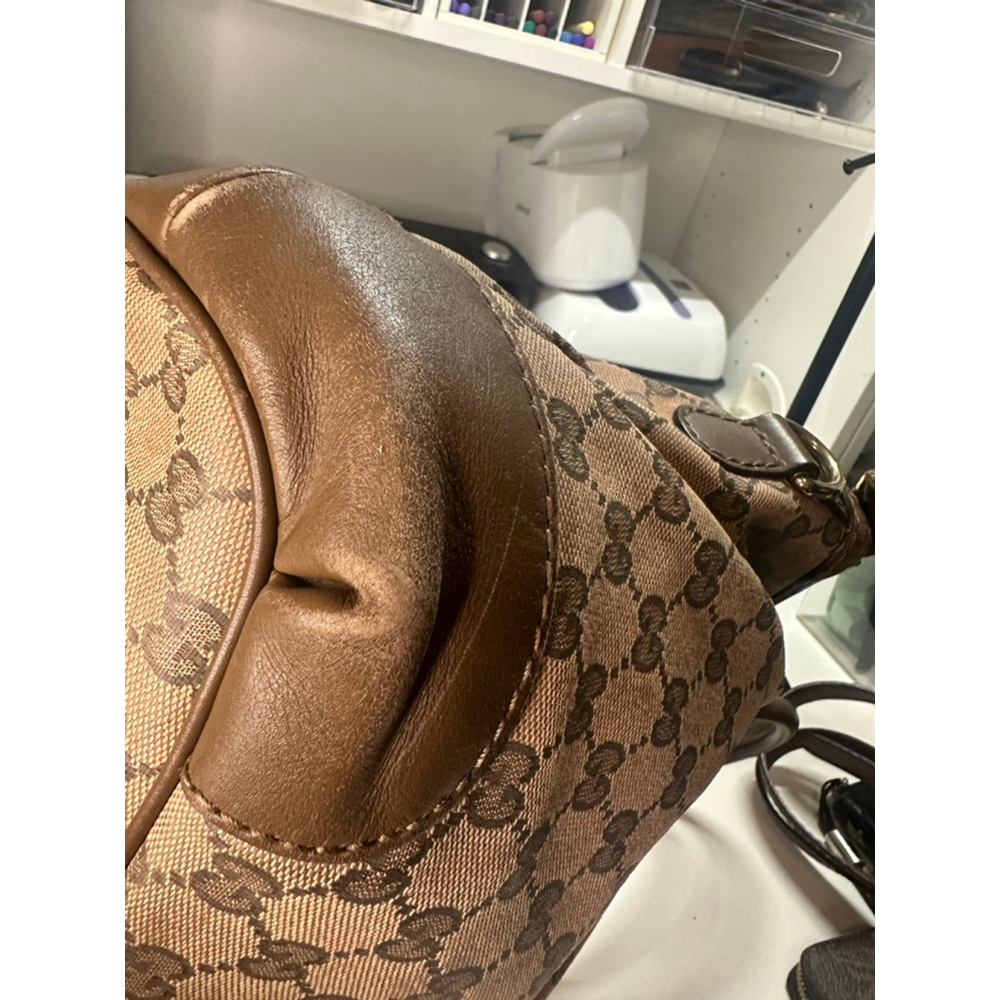 Women's Gucci Monogram Canvas Leather Trim Satchel Bag Brown/Tan One Size - Picture 9 of 16